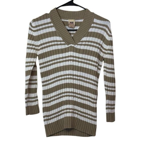 Y2K Faded Glory Cable Knit V-Neck Striped Pullover Sweater Size L Creamed Coffee - Picture 1 of 8